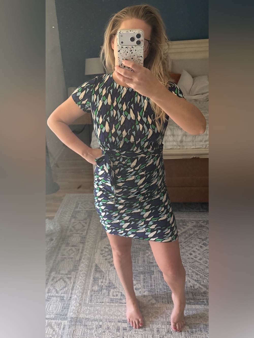 Diane Von Furstenberg Navy Abstract Print Tie-Waist Mini Dress